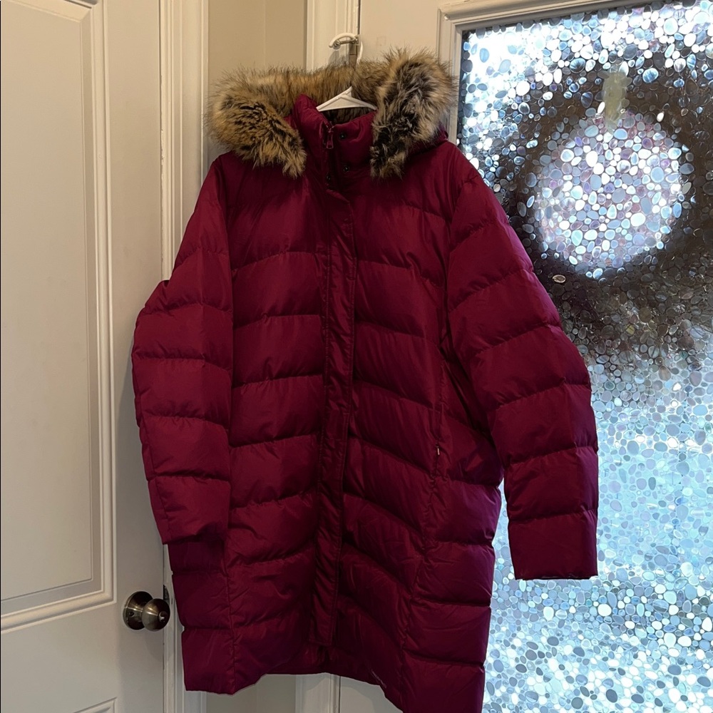 Lands' End Women's Magenta Puffer Jacket with Faux Fur Trim
